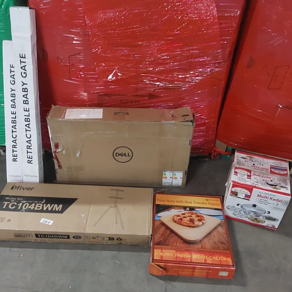 PALLET OF ASSORTED CONSUMER PRODUCTS TO INCLUDE: DELL MONITOR, TV MOUNT, RETRACTABLE BABY GATES, PAN SET, PIZZA STONE ECT