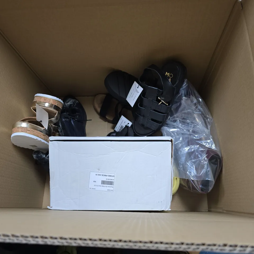 BOX OF APPROXIMATELY 15 PAIRS OF LADIES SHOES - VARIOUS COLOURS, SIZES AND STYLES 