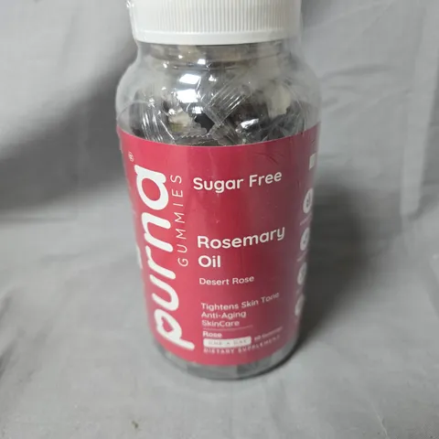 BOX OF APPROXIMATELY 24 JARS OF PURNA GUMMIES ROSEMARY OIL DESERT ROSE SUGAR FREE SKIN CARE – EXPIRY DATE 2024