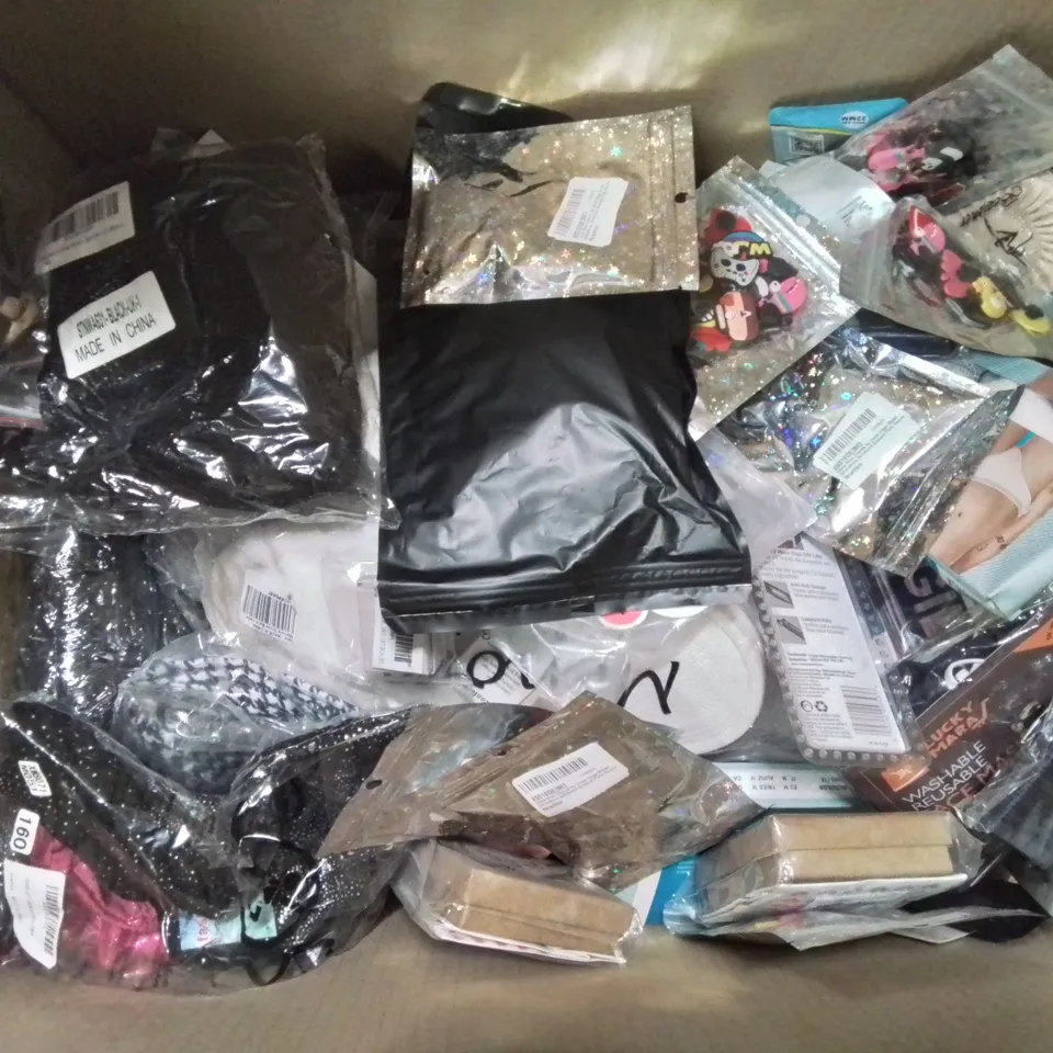 BOX CONTAINING LARGE AMOUNT OF MIXED FASHION ITEMS, SILVER PLATE AND COSTUME JEWELLERY, CLOTHING ITEMS ETC.