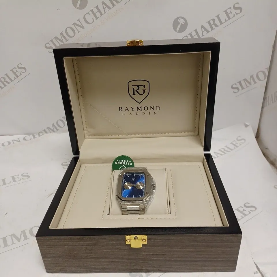 MENS RAYMOND GAUDIN WATCH – MULTI FUNCTION DIAL – STAINLESS CASE & STRAP – 5ATM WATER RESISTANT - WOODEN GIFT BOX