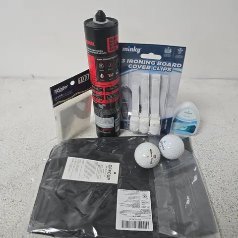 APPROXIMATELY 15 ASSORTED HOUSEHOLD ITEMS TO INCLUDE IRONING BOARD CLIPS, GOLFBALLS, CARD PROTECTION SLEEVES, ETC