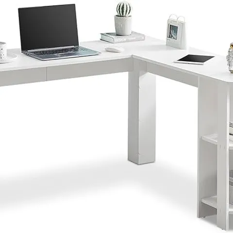 BOXED OFCASA L SHAPED DESK FOR HOME WORKING GAMING WHITE CORNER COMPUTER DESK WITH 2 TIERS OPENED BOOKSHELVES WOOD OFFICE DESK FOR HOME OFFICE WORKING GAMING