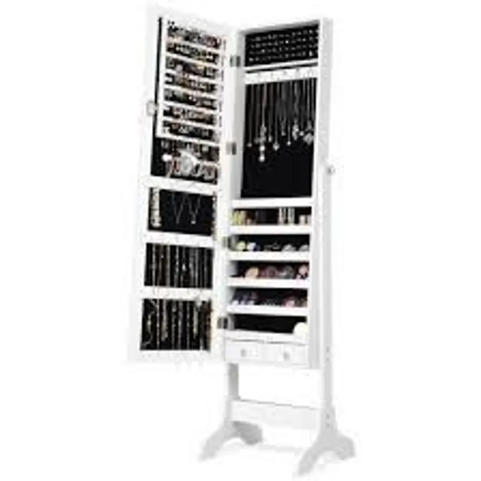 BOXED COSTWAY FREESTANDING JEWELRY CABINET WITH FULL-LENGTH MIRROR AND DRAWERS - WHITE