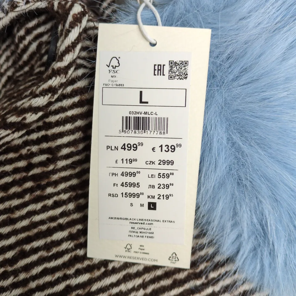 RESERVED COLLECTION WOMEN'S BROWN HERRINGBONE COAT WITH BLUE FAUX-FUR COLLAR & CUFFS, SIZE L