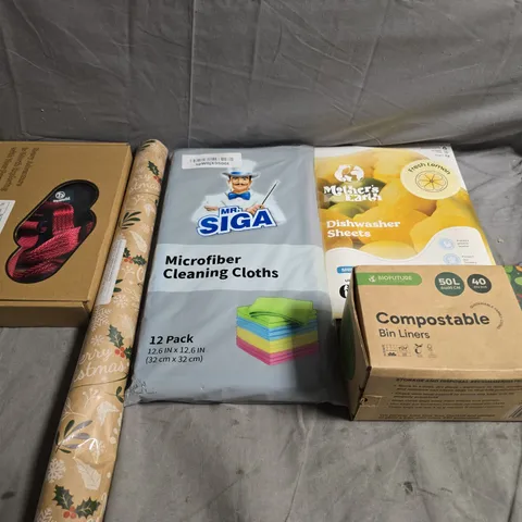 BOX OF APPROXIMATELY 15 ASSORTED HOUSEHOLD ITEMS TO INCLUDE CLEANING CLOTHS, WALLPAPER AND WRAPPING PAPER