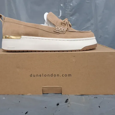 BOXED PAIR OF DUNE LONDON 130 GLIDE LOAFERS IN SAND SIZE UK 3