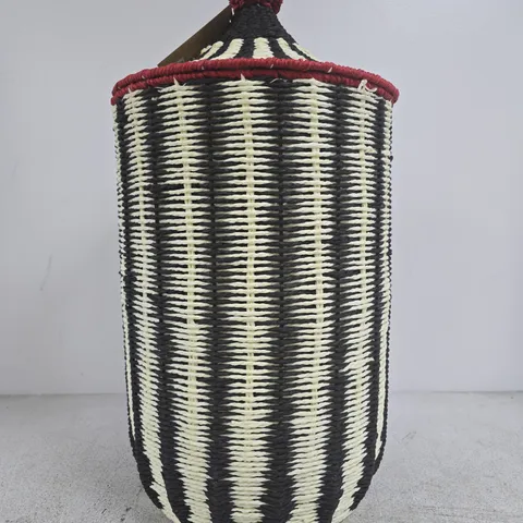 ROCKETT ST GEORGE DECORATIVE WOVEN BASKET (STRIPED BLACK/IVORY) WITH RED LID KNOB