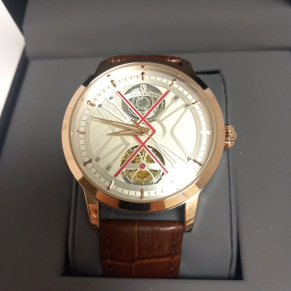 MENS VONLANTHEN AUTOMATIC WATCH – SILVER AND RED TEXTURED DIAL – ROSE GOLD COLOUR CASE - GLASS EXHIBITION BACKCASE – BLACK LEATHER STRAP