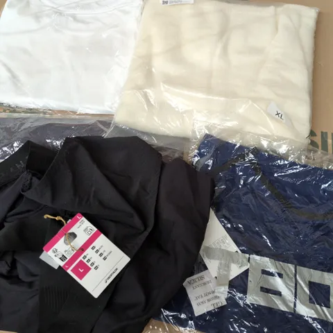 APPROXIMATELY 30 ASSORTED CLOTHING ITEMS IN VARIOUS SIZES, STYLES & COLOURS TO INCLUDE BRANDS SUCH AS TVOE, DECATHLON, DANCING LEOPARD, ETC - COLLECTION ONLY