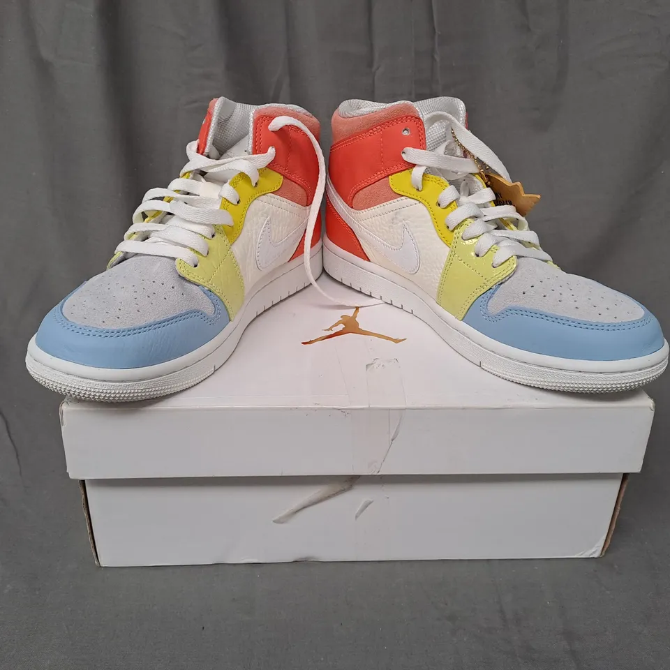 BOXED PAIR OF NIKE AIR JORDAN 1 MID SHOES IN SAIL/WHITE/MULTICOLOUR UK SIZE 4.5