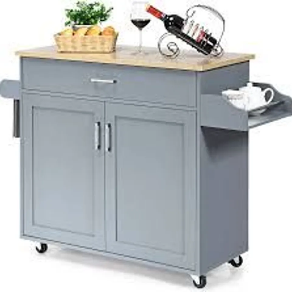 BOXED COSTWAY ROLLING KITCHEN ISLAND CART STORAGE CABINET W/ TOWEL & SPICE RACK - GREY (1 BOX)