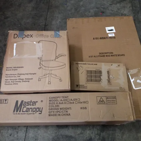 PALLET OF ASSORTED PRODUCTS INCLUDING OFFICE CHAIR, CANOPY TENT, INDOOR INSECT KILLER, ALUMINIUM WHITEBOARD