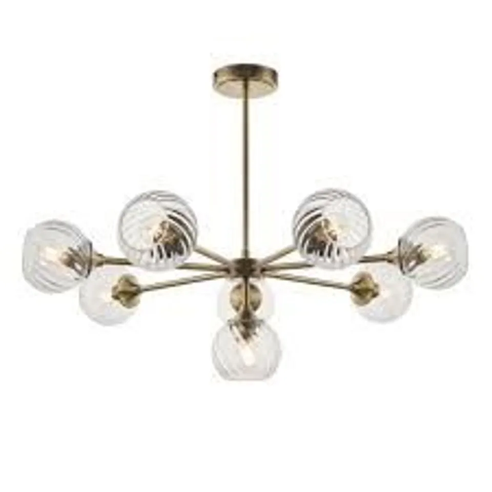 BOXED ENDON ALLEGRA 8 LIGHT PENDANT ANTIQUE BRASS PLATE AND CLEAR SPIRAL GLASS