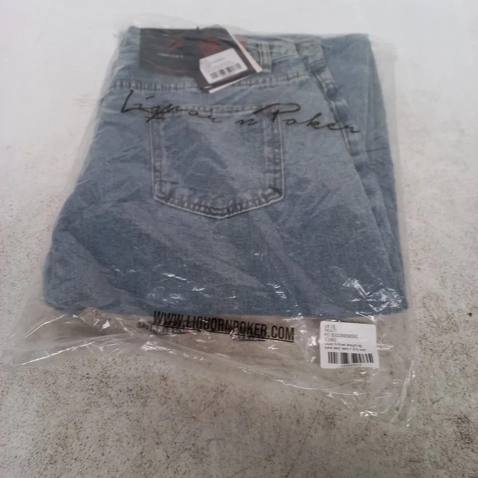 LIQUOR N POKER JEANS – STRAIGHT LEG, EYELET DETAIL, DIRTY WASH, UK 16