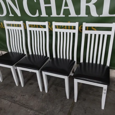 SET OF FOUR WHITE PAINTED SLAT BACK DINING CHAIRS BLACK PU UPHOLSTERED SEATS