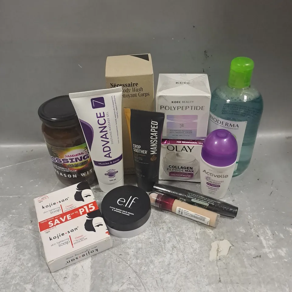 APPROXIMATELY 20 ASSORTED COSMETIC PRODUCTS TO INCLUDE - OLAY COLLAGEN PEPTIDE MAX - NECESSAIRE THE BODY WASH - BIODERMA PURIFYING MICELLAR WATER - ETC