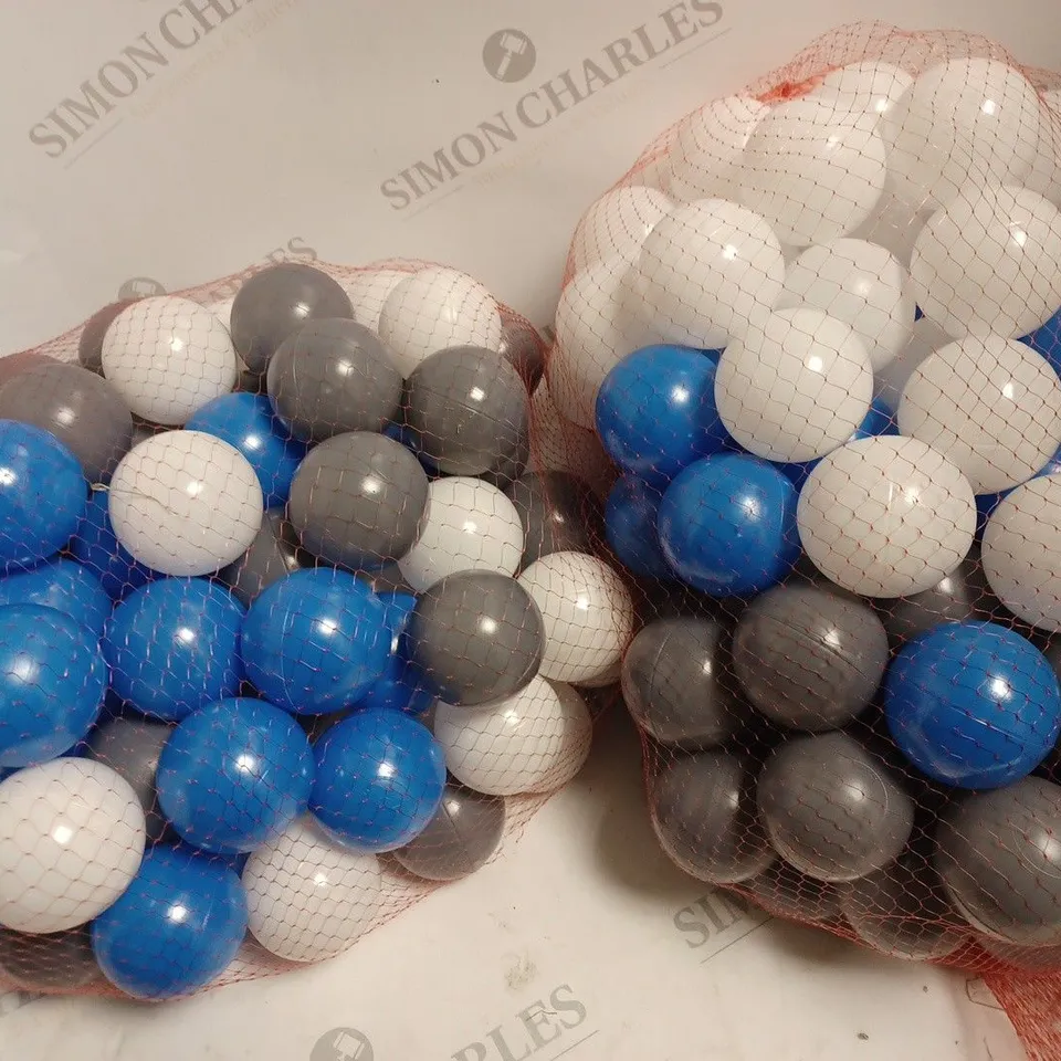 TWO PACKS OF CHILDRENS BALLPIT BALLS IN GREY WHITE AND BLUE 