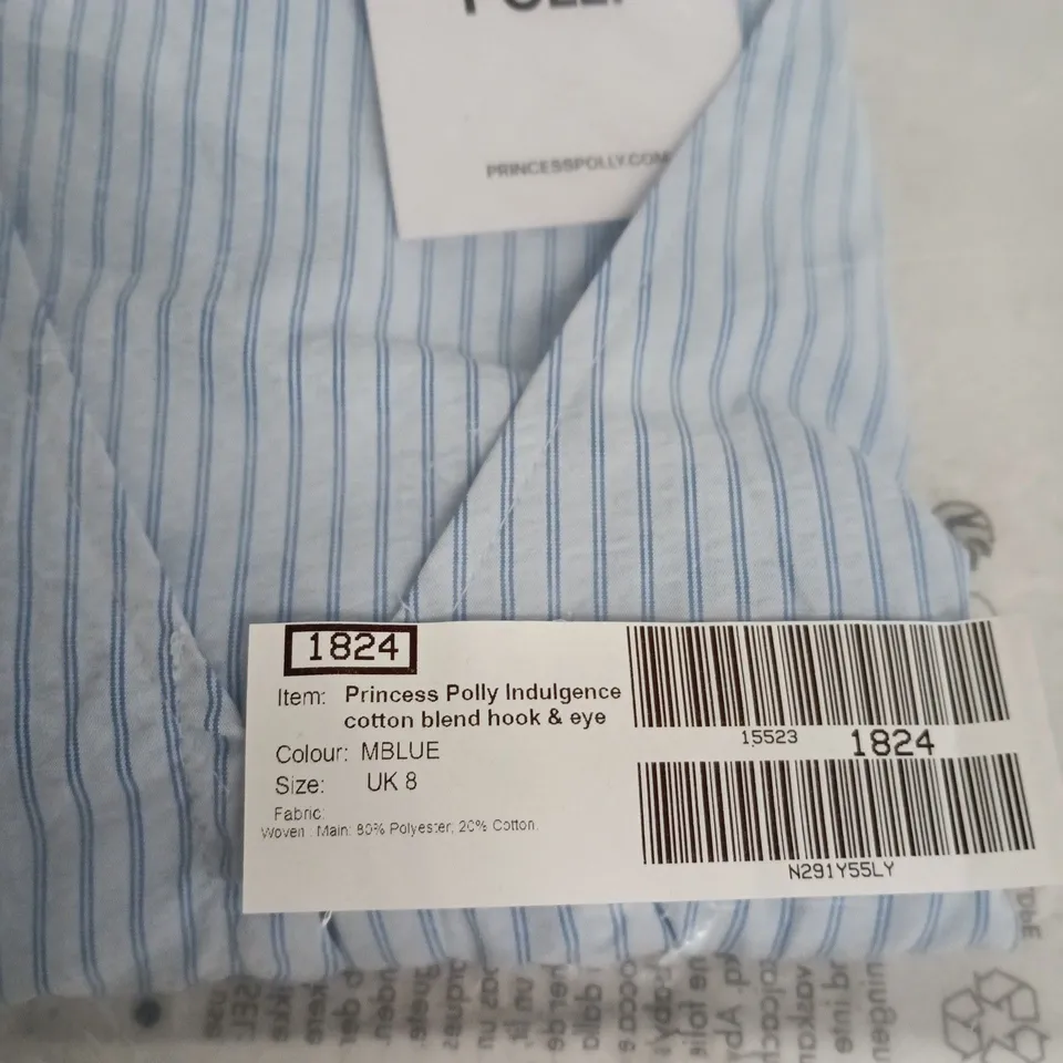 PRINCESS POLLY INDULGENCE COTTON BLEND HOOK & EYE TOP – BLUE STRIPE, UK 8