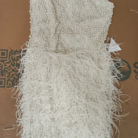 NADINE MERABI WOMEN'S WHITE BEADED DRESS WITH FEATHER FRINGE SIZE UK 10