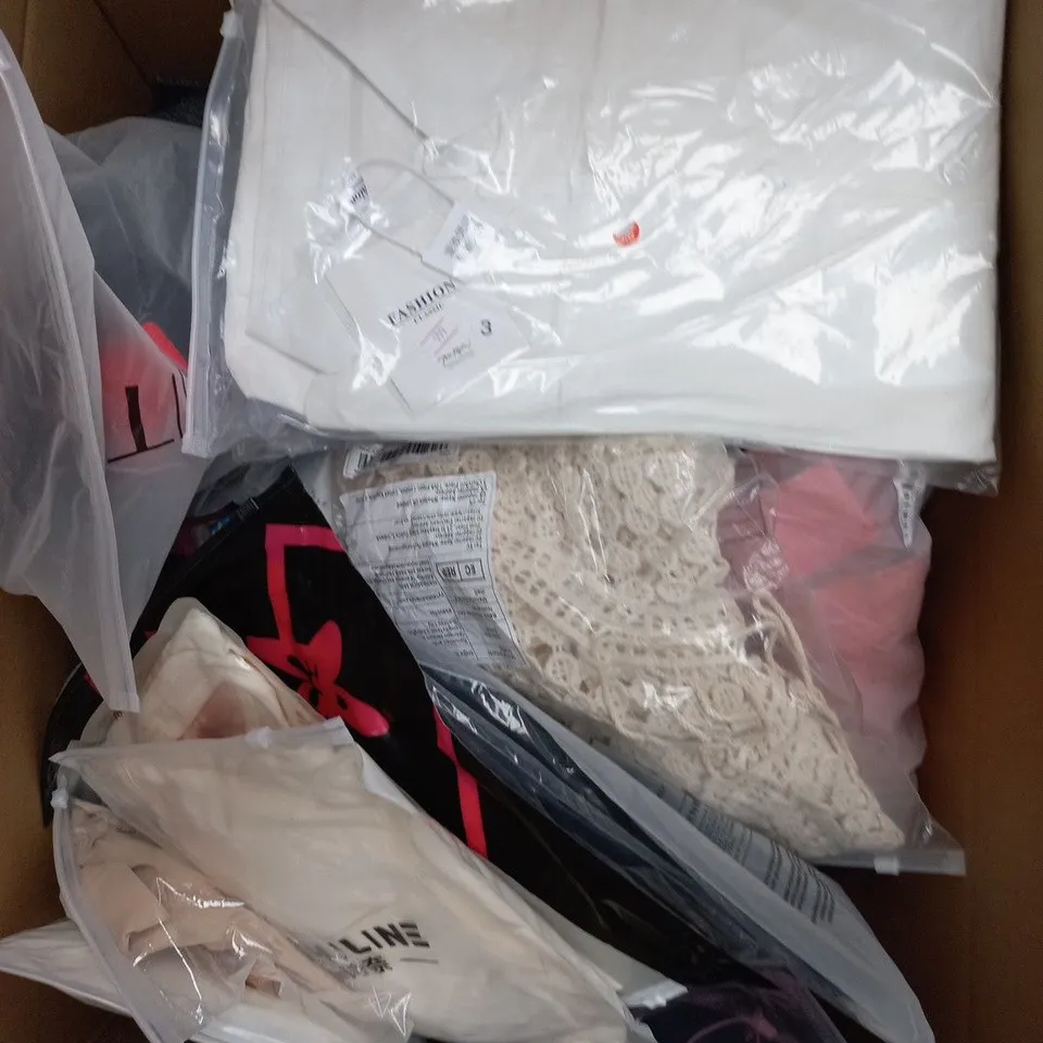 APPROXIMATELY 25 ASSORTED CLOTHING PRODUCTS IN VARIOUS STYLES & SIZES TO INCLUDE PANTS, T-SHIRTS, DRESSES ETC