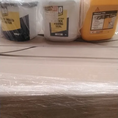 PALLET OF ASSORTED DIY, HOME IMPROVEMENT AND BUILDING PRODUCTS TO INCLUDE; BLOCK PAVING SEAL, READY MIXED PLASTER, SILKACEM PVA, PERMANENT POTHOLE REPAIR ETC