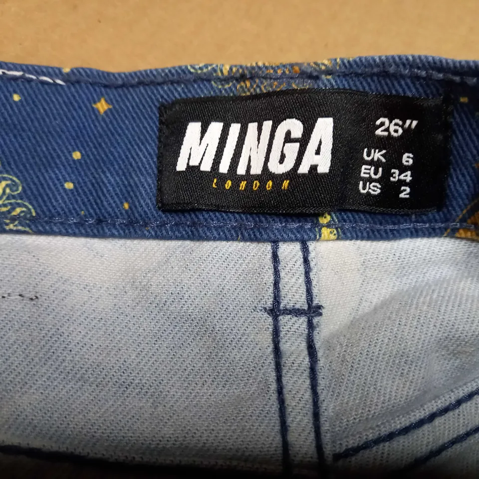 MINGA RETRO BLUE/SUN & MOON DENIM SHORTS - SIZE 6