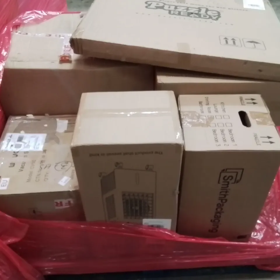 PALLET CONTAINING VARIOUS ASSORTED BOXED HOUSEHOLD ITEMS TO INCLUDE: AIR COOLER, LARGE PUZZLE, PRESSURE WASHER AND LOTS MORE UNMARKED BOXED ITEMS 