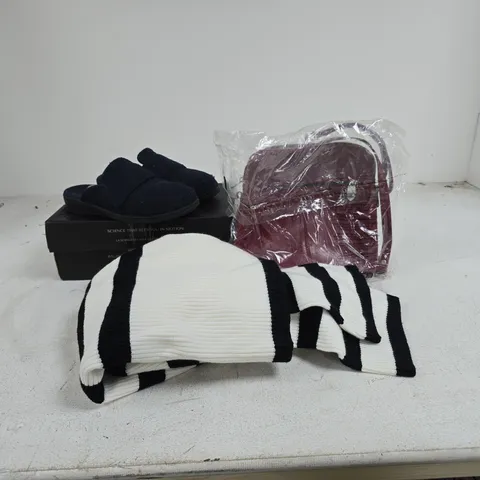 BOX OF APPROXIMATELY 22 ASSORTED ITEMS TO INCLUDE VIONIC SLIPPERS, APRICOT CLOTHING, HAND BAG ETC