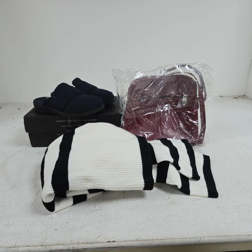 BOX OF APPROXIMATELY 22 ASSORTED ITEMS TO INCLUDE VIONIC SLIPPERS, APRICOT CLOTHING, HAND BAG ETC
