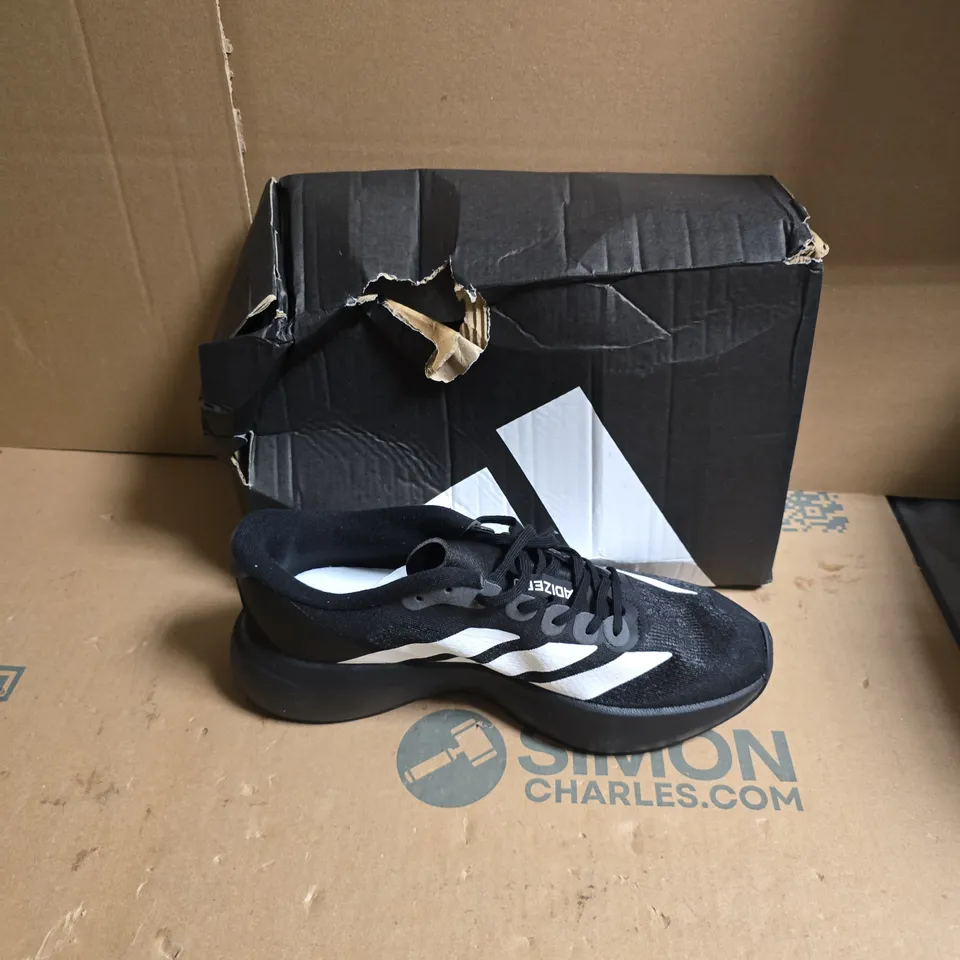 ADIDAS ADIZERO RUNNING SHOES – BLACK/WHITE - UK SIZE 9 - DAMAGED BOX 