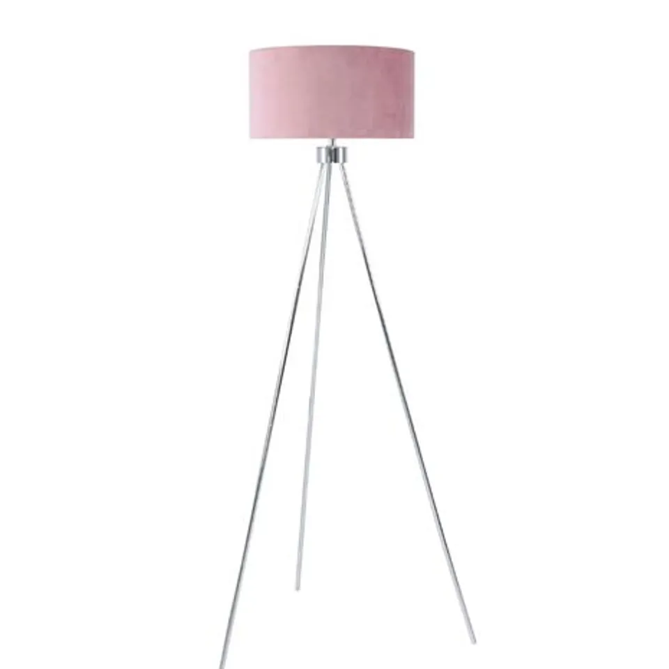 BOXED HOUSE ADDITIONS ELKVILLE CHROME TRIPOD FLOOR LAMP WITH PINK VELVET SHADE 159CM