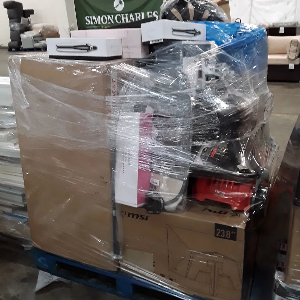 PALLET OF ASSORTED PRODUCTS INCLUDING FAST BOILING KETTLE, CAR WHEEL RIMS, FLYMO LAWN MOWER 