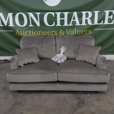 DESIGNER 2 SEATER GREY VELVET SOFA WITH CUSHIONS 