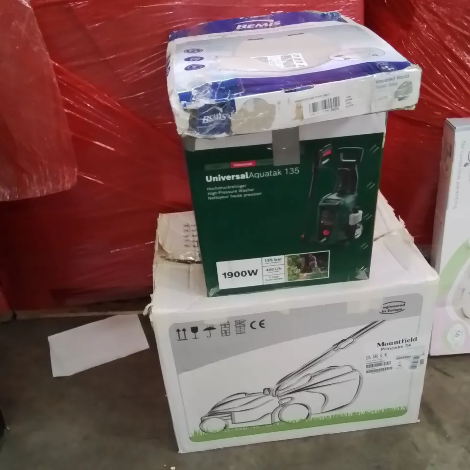PALLET OF ASSORTED HOUSEHOLD GOODS AND PRODUCTS TO INCLUDE;TOILET SEAT,LAWN MOWER,PRESSURE WASHER 