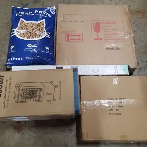PALLET CONTAINING ASSORTED PRODUCTS INCLUDING AIR COOLER, STEEL PET STAIRS, RETRACTABLE SAFETY GATE, WALL-MOUNTED MIRROR & CAT LITTER