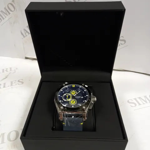 MENβS LATOR CALIBRE L9180 CHRONOGRAPH WATCH β 42 MM CASE β BLUE DIAL WITH YELLOW DETAILING β BLUE LEATHER STRAP β CHRONOGRAPH MOVEMENT WITH DATE FUNCTION