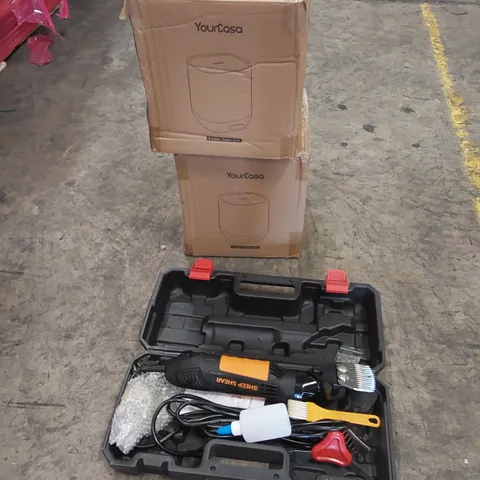 PALLET CONTAINING VARIOUS ASSORTED BOXED HOUSEHOLD ITEMS TO INCLUDE: SHEEP SHEAR, SMALL BINS, FAN LIGHTS, BOXED FURNITURE ETC