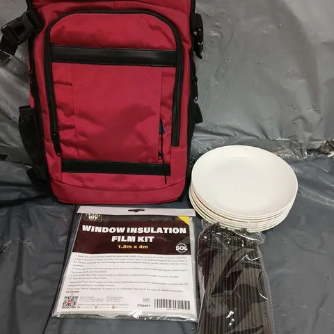 APROXIMATELY 20 ASSORTED HOUSEHOLD ITEMS TO INCLUDE RUCKSACK, PLASTIC PLATES, WINDOW INSULATION FILM KIT, ETC