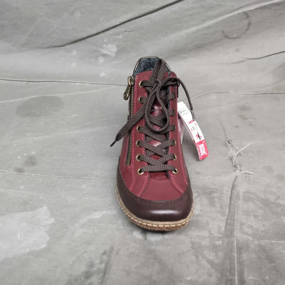 RIEKER WOMEN'S BURGUNDY LEATHER ANKLE BOOTS – LACE-UP WITH SIDE ZIP - SIZE 39