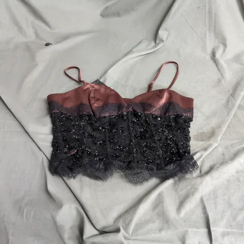ZARA BURGUNDY SATIN & BLACK LACE TOP – WOMEN’S LINGERIE SIZE M