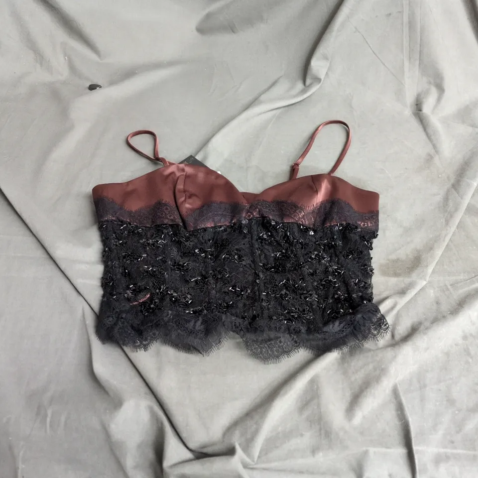 ZARA BURGUNDY SATIN & BLACK LACE TOP – WOMEN’S LINGERIE SIZE M