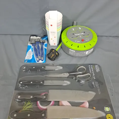 LARGE BOX OF ASSORTED ITEMS TO INCLUDE RAZORS, CUPS AND KNIFE SET