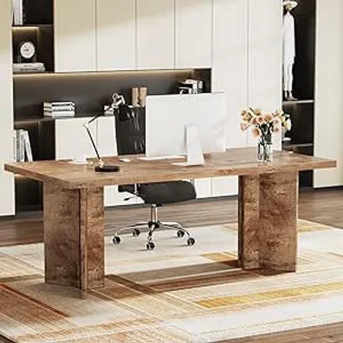 BOXED TRIBESIGNS 63-INCH VINTAGE HOME OFFICE COMPUTER DESK WITH LARGE TABLETOP, LIGHT OAK BROWN