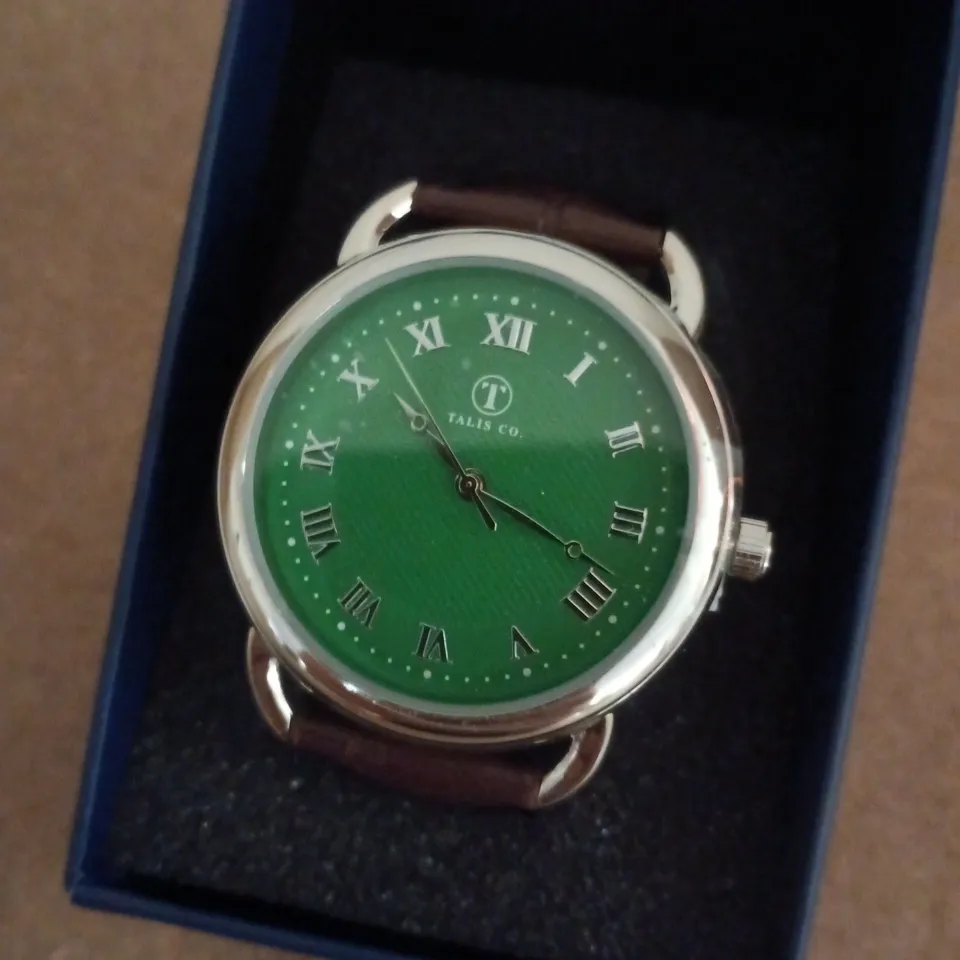 TALIS CO WRISTWATCH WITH GREEN DIAL & BROWN LEATHER STRAP