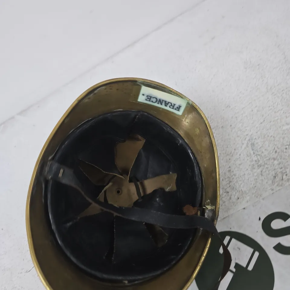 ANTIQUE BRASS MINIATURE FIREFIGHTER HELMET WITH POMPIERS CREST,