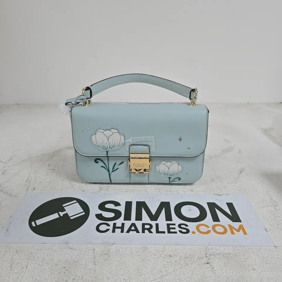 RADLEY LONDON MINT GREEN LEATHER HANDBAG WITH FLORAL PRINT AND GOLD CLASP