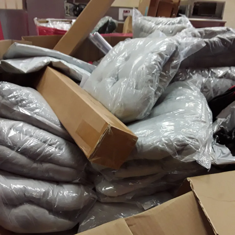 PALLET TO CONTAIN AN ASSORTMENT OF HOUSEHOLD ITEMS TO INCLUDE CUSHIONS, WINDOW FILM AND ADJUSTABLE FURNITURE LEGS ECT
