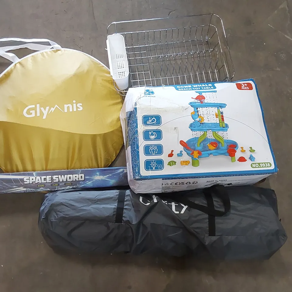 PALLET OF ASSORTED ITEMS INCLUDING SPACE SWORD TOY, BEACH TOY TABLE, POP UP TENT, DISH DRYING RACK
