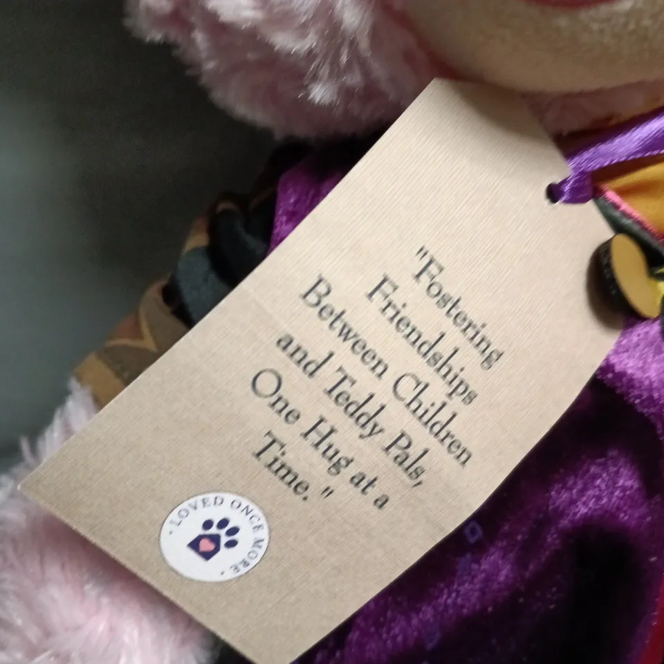 LOVED ONCE MORE PINK PLUSH TEDDY BEAR WITH PURPLE VELVET COAT 